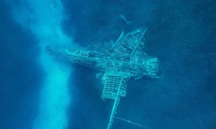 A wrecked airplane in Alimiya Bay