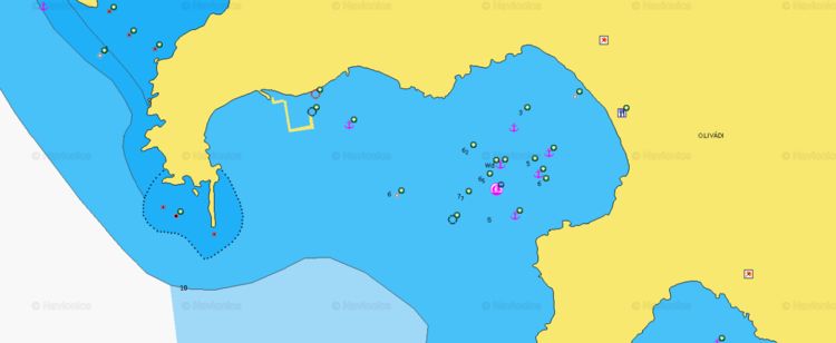 To open Navionics map of yacht anchorages in Livadi bay on Schinoussa Island. Cyclades. Greece