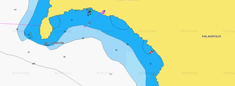 To open Navionics chart of yacht anchorage in Paleopoli Bay. Andros Island. Cyclades. Greece