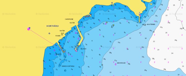 To open Navionics chart of yacht anchorage in Korthiou Bay. Andros Island. Cyclades. Greece