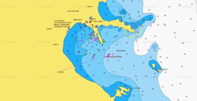 To open Navionics chart of the yacht mooring in Karavostasis harbor