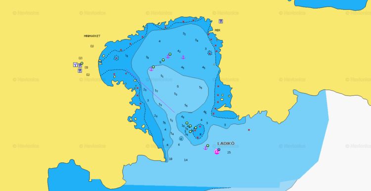 To open Navionics chart of yacht anchorages in Ladiko Bay. Rhodes Island. Dodecanese. Greece