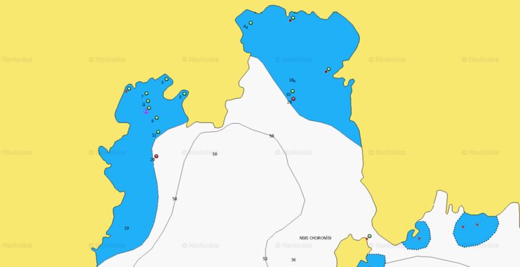 To open Navionics chart of yacht anchorage in St. Sergios Bay. The island of Tilos. Dodecanese. Greece