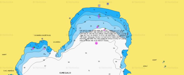 To open Navionics chart of yacht anchorage in Megalo Bay. The island of Tilos. Dodecanese. Greece