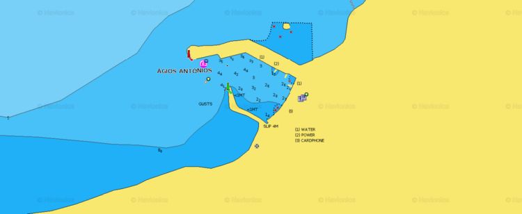 To open Navionics chart of yacht mooring in Agios Antonios fishport. The island of Tilos. Dodecanese. Greece