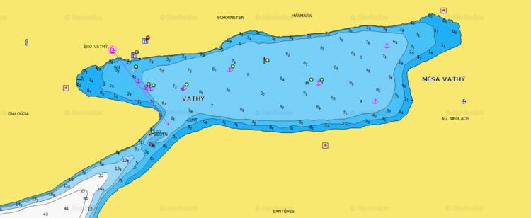 To open the Navionics chart of yacht  anchorage in Vathi Bay. The island of Astypalaia. Dodecanese. Greece.