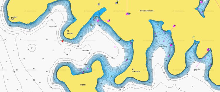 To open Navionics chart of yacht mooringse in Soline Bay at Sveti Klement Island