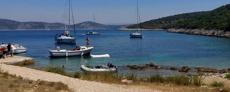 Yacht moorings in Vlaka Bay at Sveti Klement Island