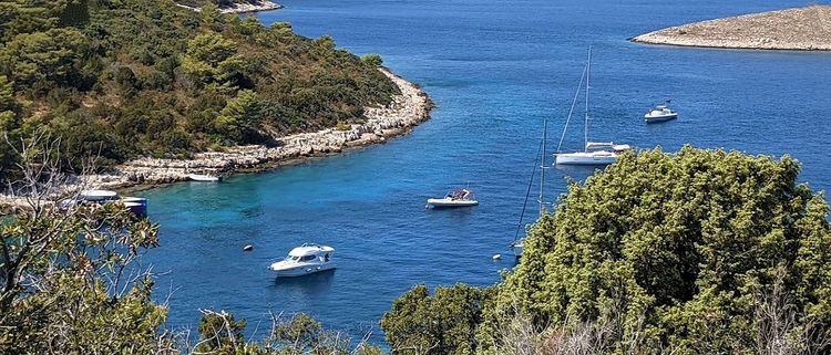 Yacht moorings in Vlaka Bay at Sveti Klement Island