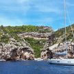 Yacht mooring on buoys in Stevina Bay