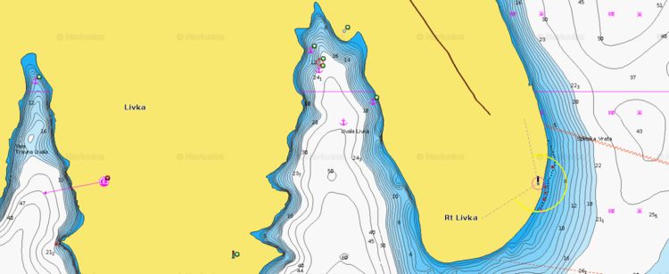 To open Navionics chart of yacht anchorages in Livka Bay