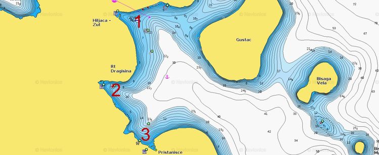 To open Navionics chart of yacht moorings in Hiljaca Bay