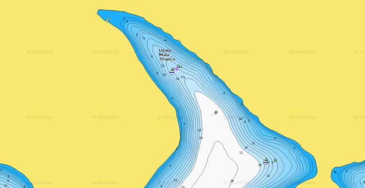 To open Naionics chart of yachts on mooring buoys in Stupica Mala Bay on Zirje Island