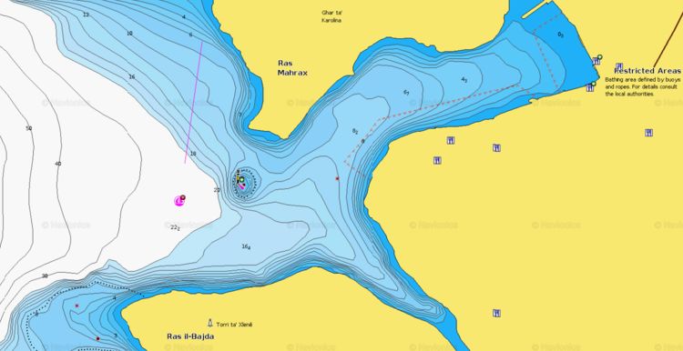 To open Navionics chart of yacht mooring at buoys in Xlendi Bay