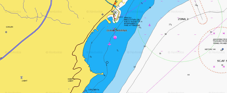 To open Navionics chart  of Yacht anchorage in Molo Landini. Imperia. Liguria. Italy