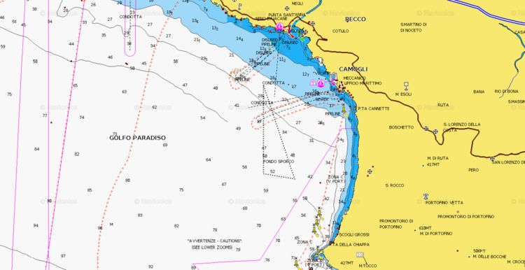 To open Navionics chart of yacht mooring at the buoys in Golfo Paradiso