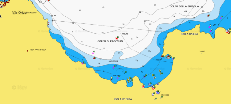 To open Navionics chart of yacht anchorage in Procchio Bay