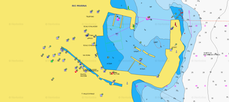 To open a Navionics chart of yacht acht moorings in Rio Marina