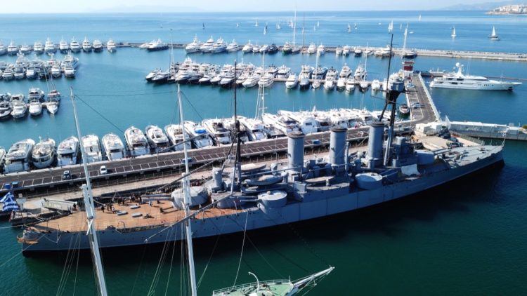 The cruiser-museum Georgios Averof in perpetual mooring in the harbor of Palio Faliro in the suburbs of Athens