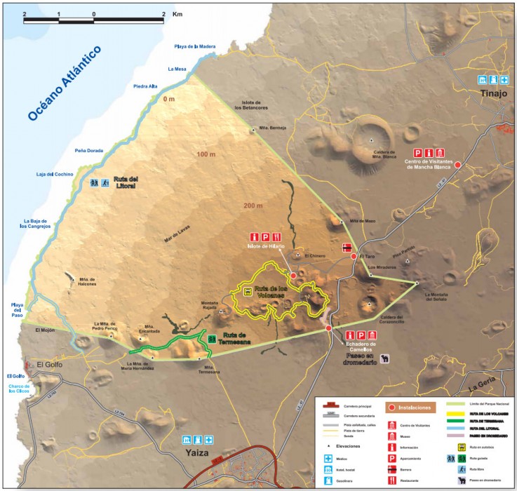 Map of hiking trails in Timanfaya National Park