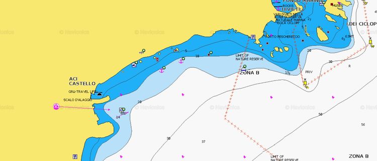 To open the Navionics map of yacht mooring on buoys at Aci Trezza