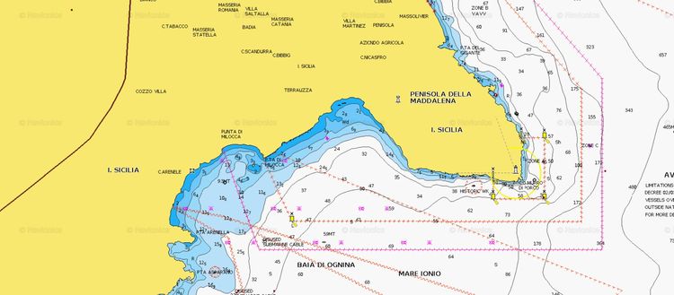 To open Navionics chart of Yacht moorings buoys in Plemmirio Maritime Reserve